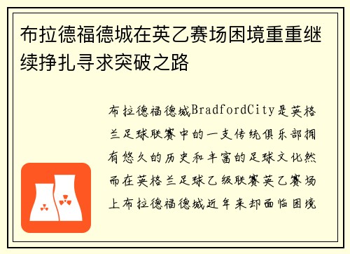 布拉德福德城在英乙赛场困境重重继续挣扎寻求突破之路