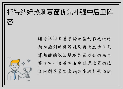 托特纳姆热刺夏窗优先补强中后卫阵容